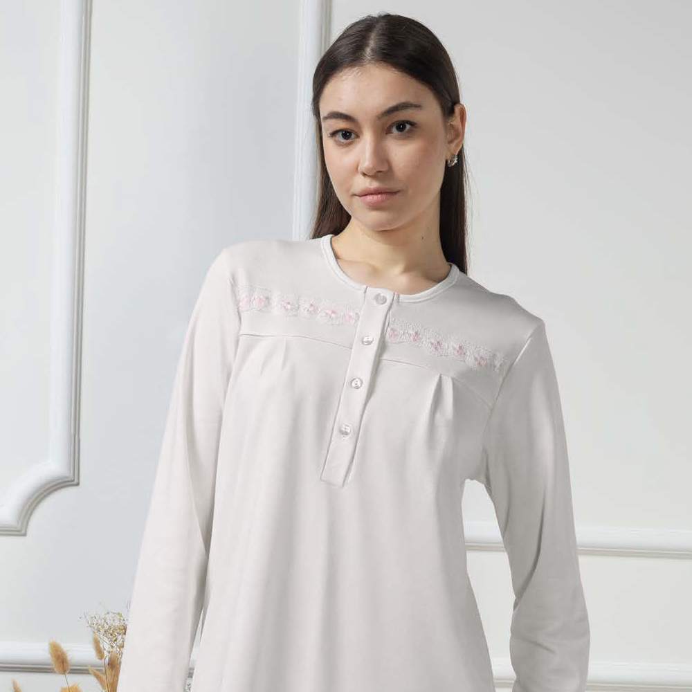 Camicia da notte donna invernale in caldo cotone 9213 panna / rosa Manuela Confezioni