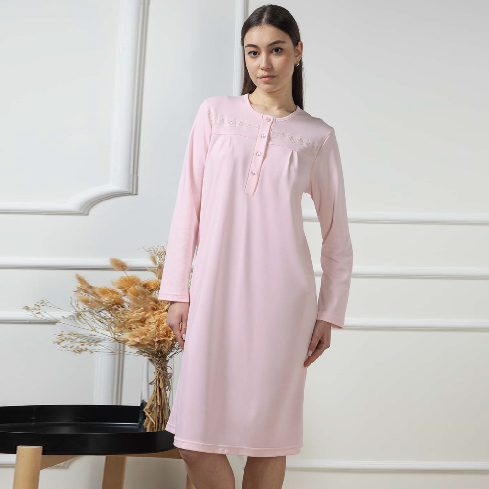 Camicia da notte donna invernale in caldo cotone 9213 panna / rosa Manuela Confezioni