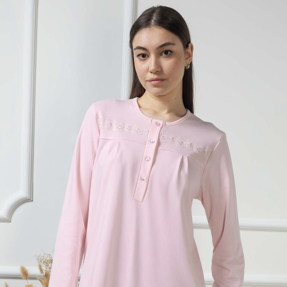 Camicia da notte donna invernale in caldo cotone 9213 panna / rosa Manuela Confezioni