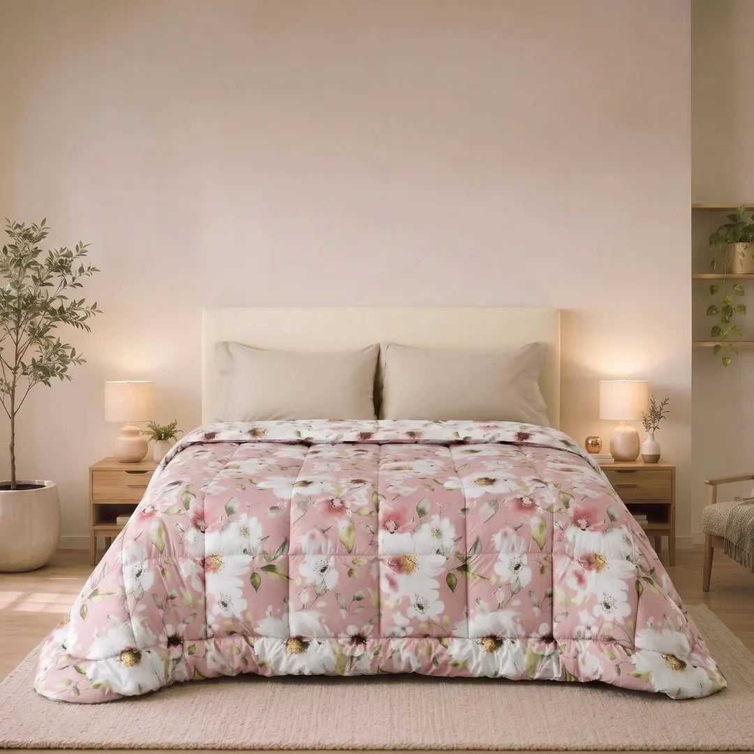 Trapunta invernale in microfibra fantasia floreale TIOMEN rosa LINEA ORO
