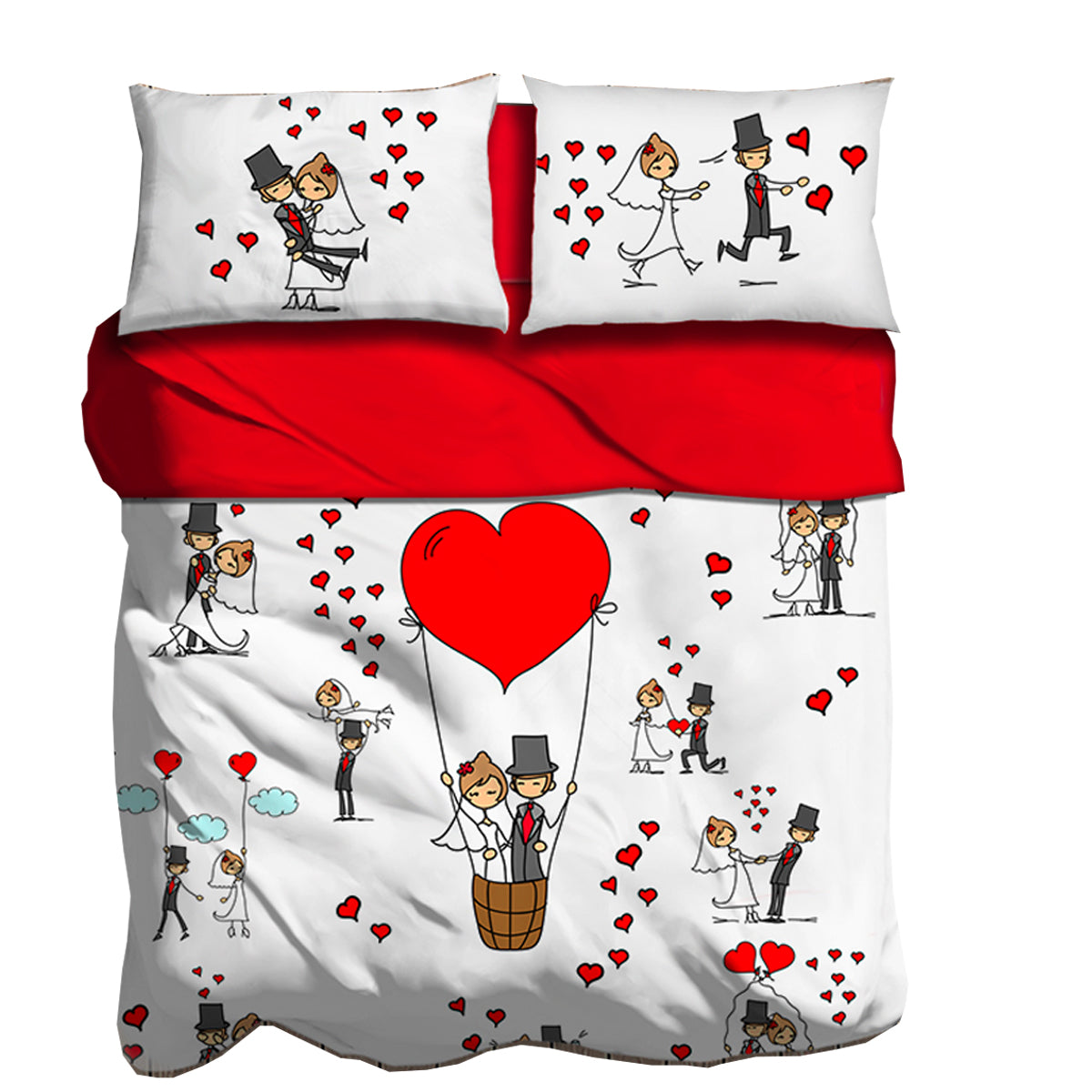 completo letto matrimoniale stampa digitale cotone i love sleeping honeymoon cuore petali