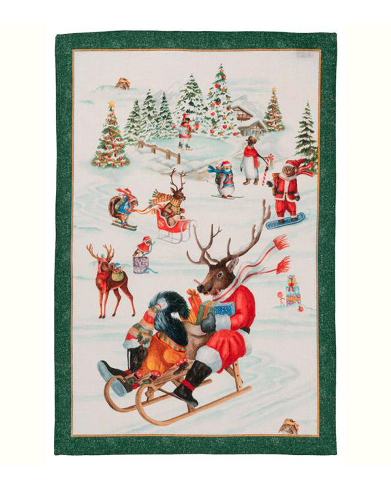 canovaccio in Lino Tessitura Toscana Telerie Snowy Christmas Reindeer Fox Canovaccio