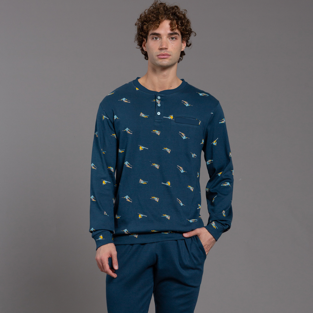 Pigiama Uomo invernale Kissimo Biancaluna 100% Cotone Caldo 26U0009 blu Kissimo Biancaluna