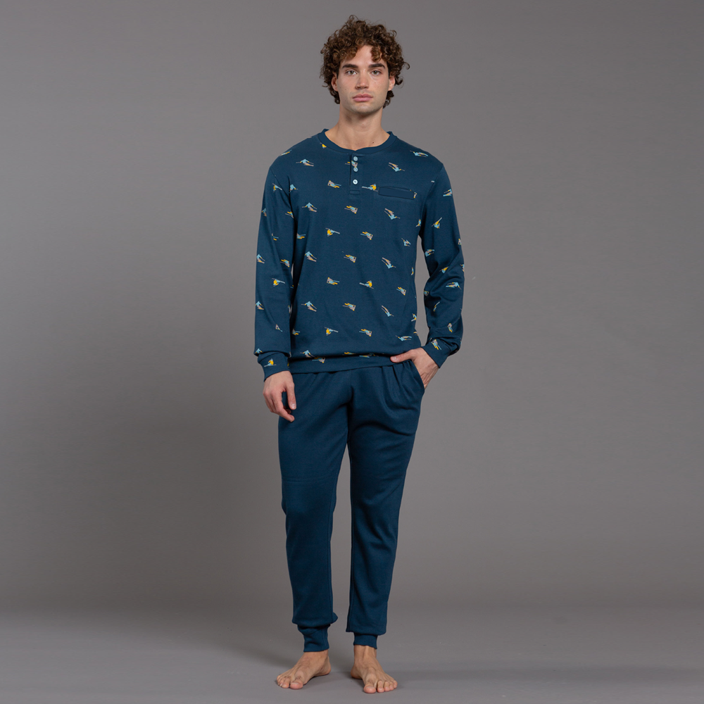 Pigiama Uomo invernale Kissimo Biancaluna 100% Cotone Caldo 26U0009 blu Kissimo Biancaluna